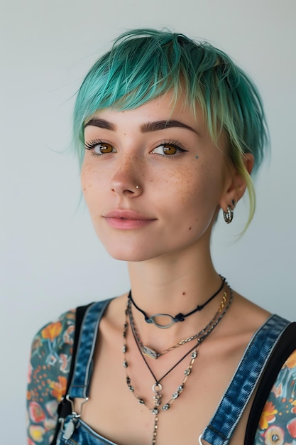 Photo portrait of a young woman with blue hair and tattoos