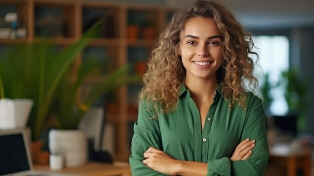 Portrait of a young woman with crossed arms and a smile Standing in an artistic workplace is a happy girl Businesswoman with success standing in copy area GENERATE AI