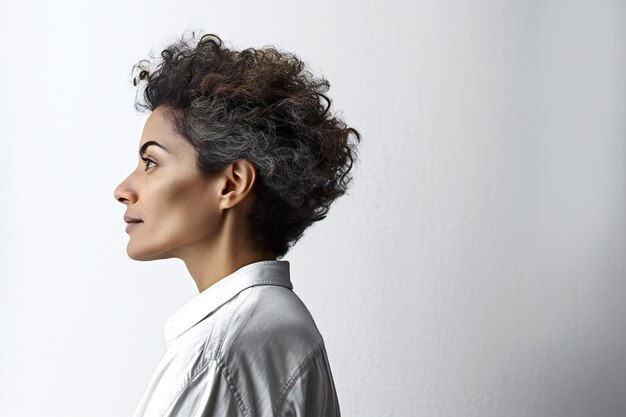 Portrait of a young woman with curly hair in a white shirt