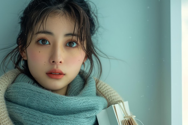 Portrait of a Young Woman with Dark Hair and a Blue Scarf Gazing Thoughtfully Indoors