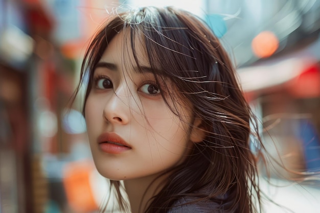 Portrait of a Young Woman with Dark Hair and Intense Gaze in Urban Setting Bokeh Lights Adding