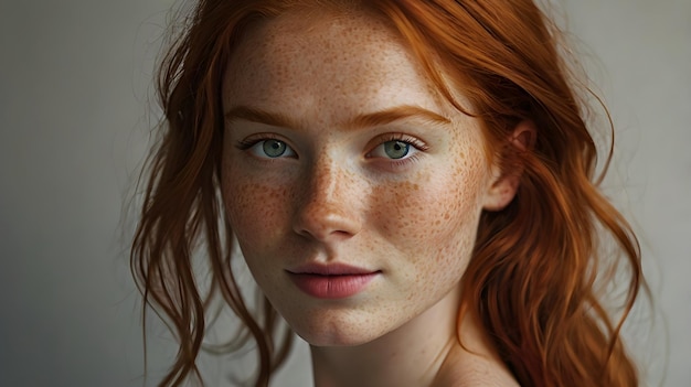 Photo portrait of young woman with fiery red hair and face dotted with freckles