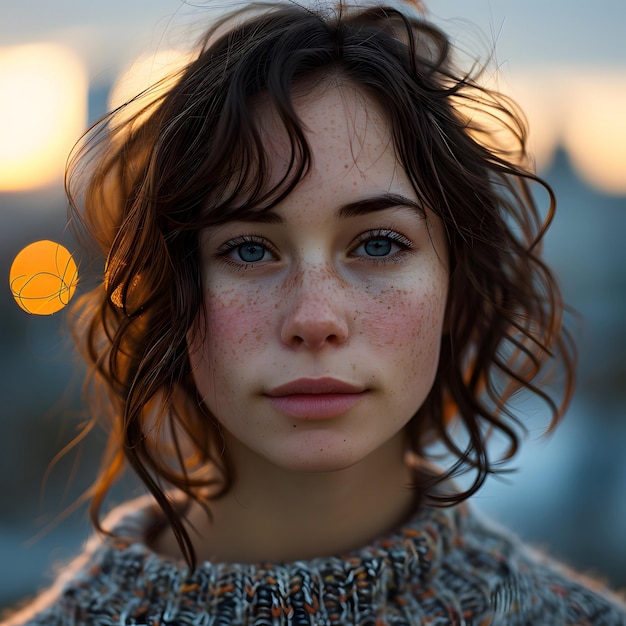 Portrait of a Young Woman with Freckles in Sunset Lighting