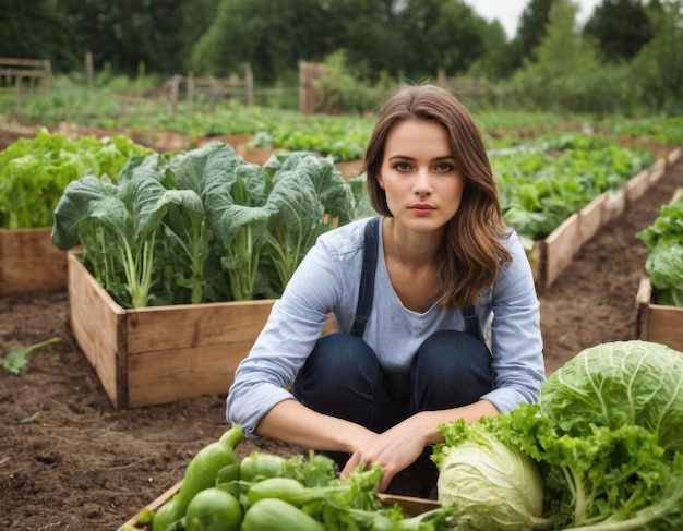 Portrait of a young woman with a harvest of vegetables in the garden AI generation