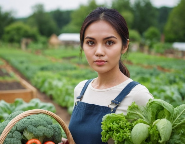 Portrait of a young woman with a harvest of vegetables in the garden AI generation