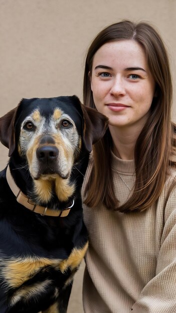 Photo portrait of a young woman with labrador dog