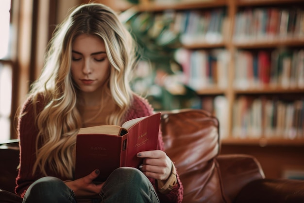 Photo portrait of a young woman with long blonde hair reading a book in a cozy library with natural light