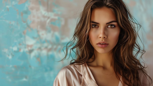 Portrait of a young woman with long brown hair against a turquoise background