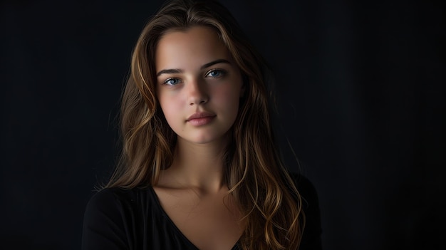 Portrait of a young woman with long brown hair and blue eyes looking directly at the camera against a black background