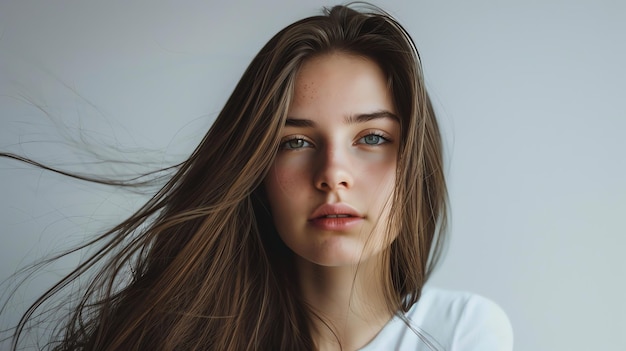 Portrait of a young woman with long brown hair looking at the camera