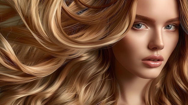 Portrait of a young woman with long flowing blonde hair Glamorous and elegant style perfect for beauty and fashion AI