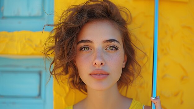 Portrait of a young woman with natural makeup holding a blue parasol against a vibrant yellow backgr