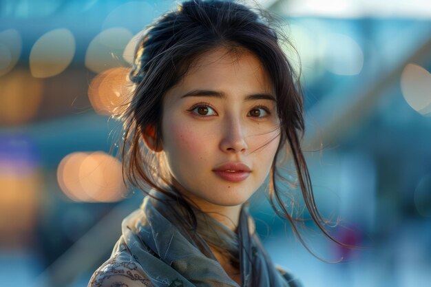 Portrait of a Young Woman with Natural Makeup in Urban Evening Light Closeup with Bokeh Background