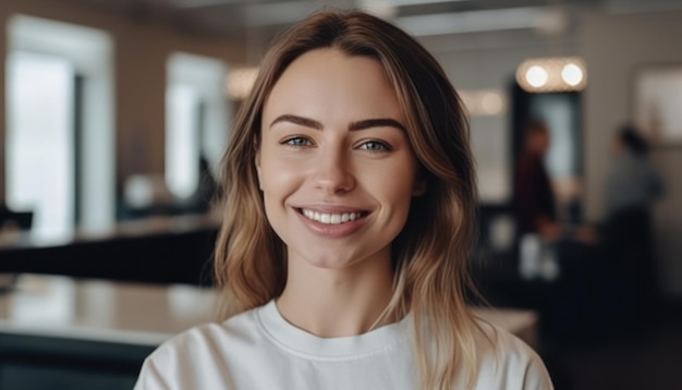 Portrait of young woman with perfect smile look at camera