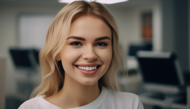 Portrait of young woman with perfect smile look at camera