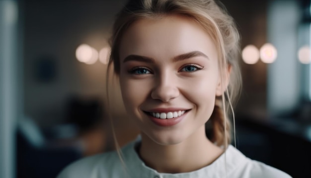 Portrait of young woman with perfect smile look at camera