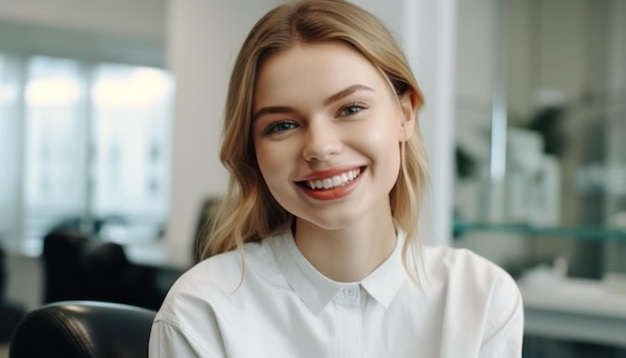 Portrait of young woman with perfect smile look at camera