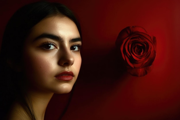 Portrait of a Young Woman with Red Rose on Red Background Artistic Beauty and Elegance