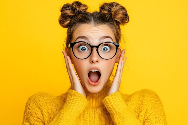 Photo portrait of young woman with shocked facial expression