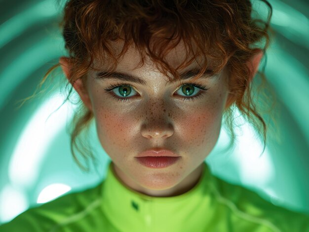 Photo portrait of a young woman with striking green eyes