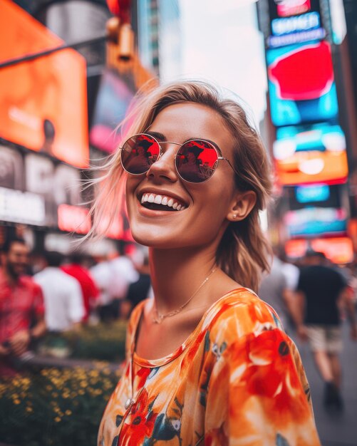 Portrait of a young woman with sunglasses and influencer style smiling on Times Square New York City Travel and enjoy vacations concept