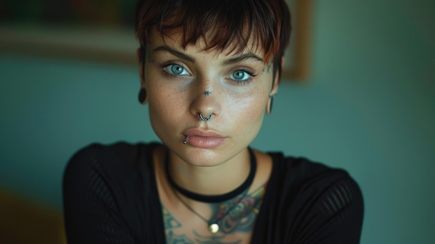 Photo portrait of a young woman with tattoos and piercings blue eyes short hair and nose piercing