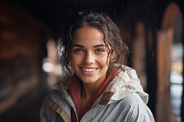 Portrait of a young woman with wet hair in the rain at night young beautiful girl in the rain select