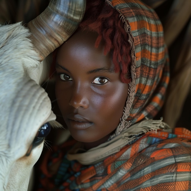 Photo portrait of young womanin in a striped cape from mundari tribal with white african cow close up