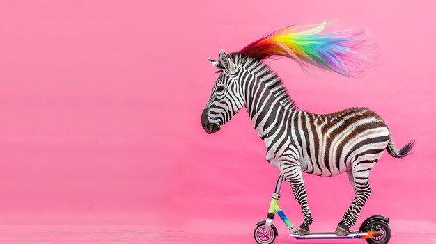 Photo portrait of a zebra riding a scooter