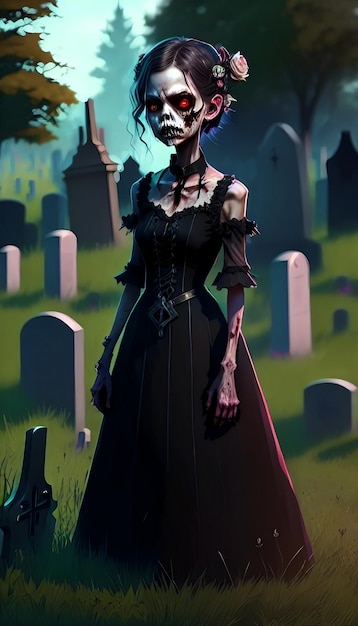 Portrait of a zombie woman on the background of cemeteries Zombie Apocalypse concept