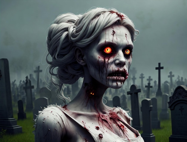 Portrait of a zombie woman on the background of cemeteries Zombie Apocalypse concept