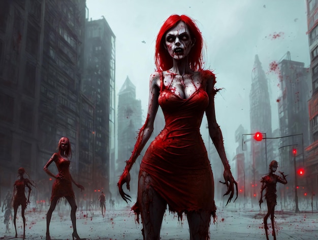 Portrait of a zombie woman on the background of the city Zombie Apocalypse concept