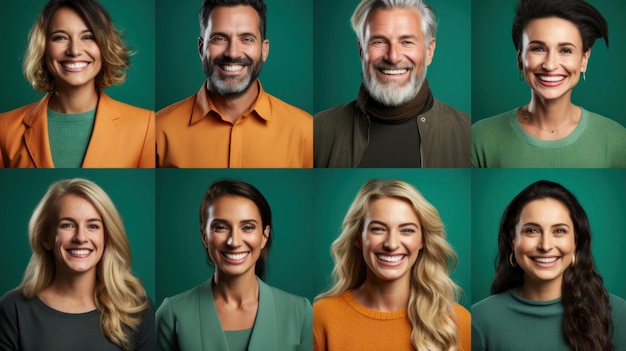 Portraits collage of happy smiling people in front of a green background