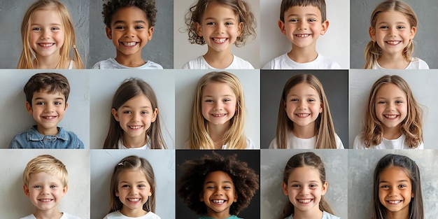 Photo portraits of cute children smiling at camera isolated on grey background