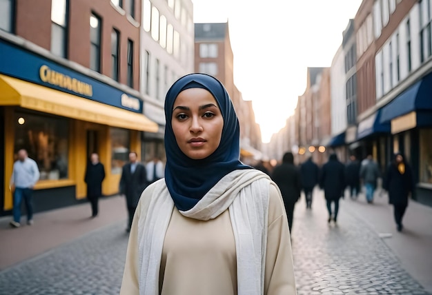 portratit of a woman in a hijab on a city street