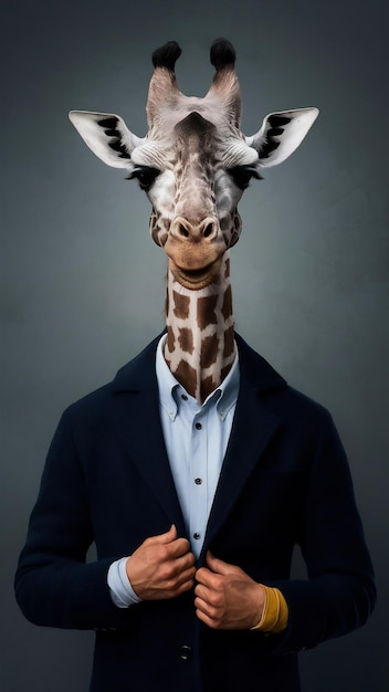 Portrt of anthropomorphic giraffe dressed in human clothes