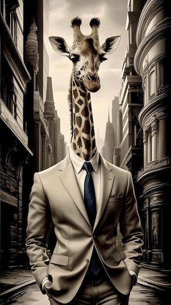 Portrt of anthropomorphic giraffe dressed in human clothes