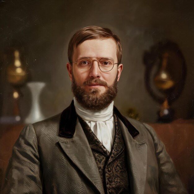 Portrt of a bearded male in glasses and antique suit on a dark