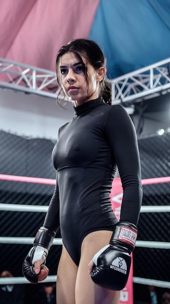 Portrt of a beautiful darkhred woman in a black bodysuit agnst the background of a boxing net in th