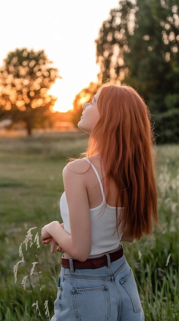 Portrt of a beautiful young woman with red hr in nature in a park in the summer looking at the suns