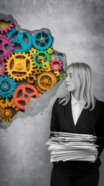 Photo portrt of a blond woman with a stack of documents standding near a gray wall with a colorful and br