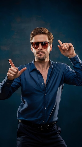 Photo portrt of cool man with sunglasses dancing