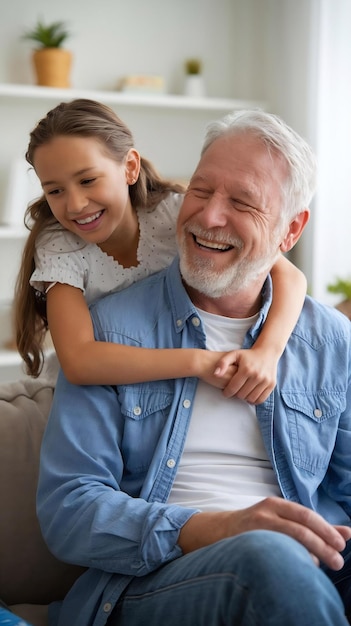 Portrt of father and daughter laughing and being happy daughter with her arm around her father