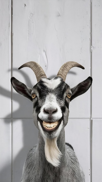 Photo portrt of goat smiling with all his teethon a white background