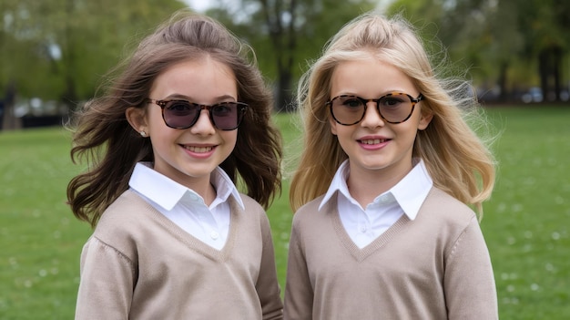 Portrt of gorgeous young girls with brunette and blonde hr in hrstyles wearing fashionable sunglass