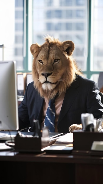 Photo portrt of a lion in a business suit at the office