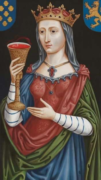 Photo portrt of medieval queen with chalice and drink