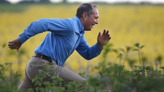 Portrt of middle aged man running over yellow background side view shot of joyful male jumping in r