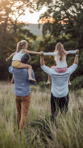 Photo portrt parents carry girls and in nature quality time and bonding on weekend happiness or playful l