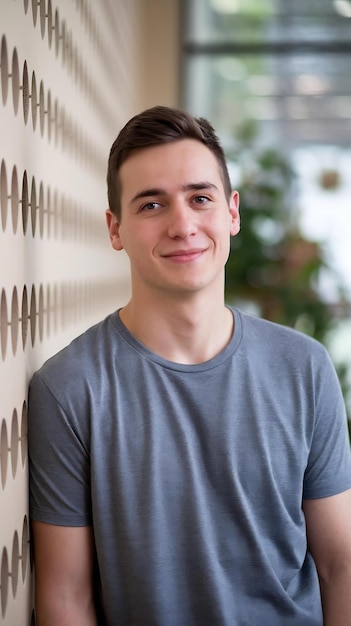 Photo portrt of smiling young man standing agnst wall